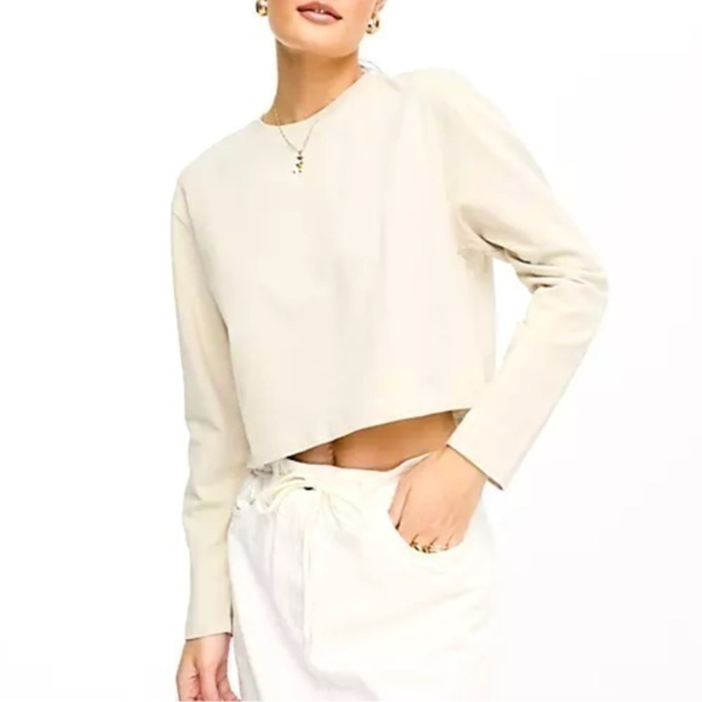 ASOS STR Stradivarius cropped raw hem long sleeve top pullover S oatmeal